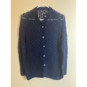 Vintage Grandma Knit Lace Cardigan Sweater Women’s Small Blue Clear Buttons